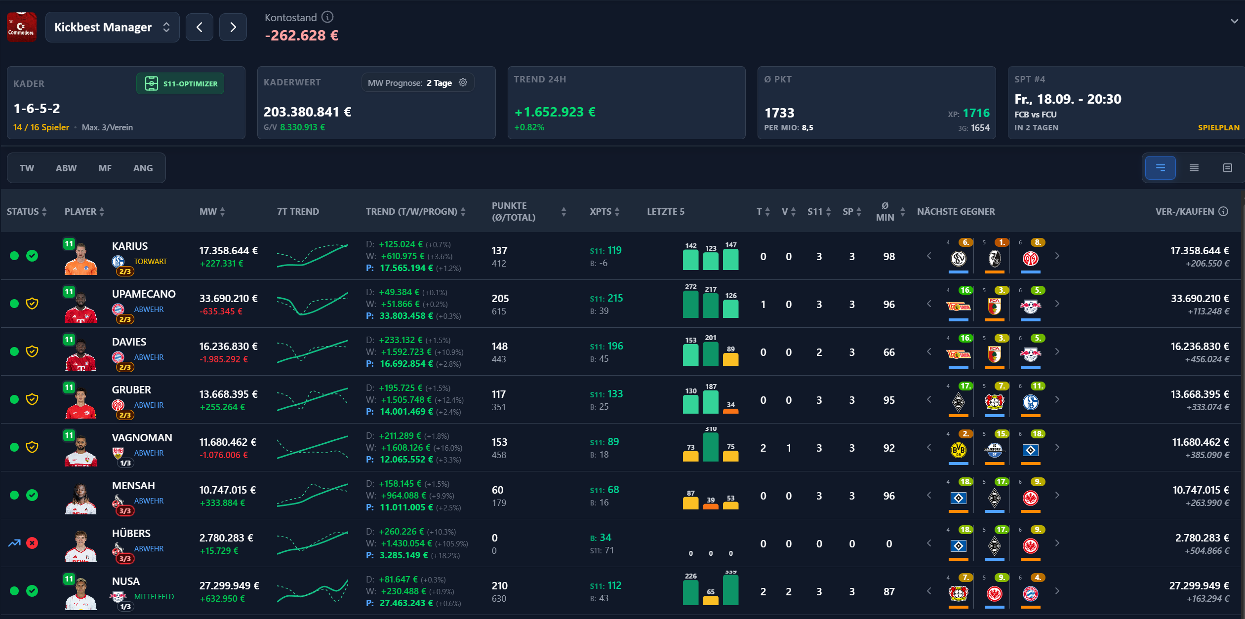 Kickbest Live Kader Synchronisation und Spieltags-Deadline Countdown