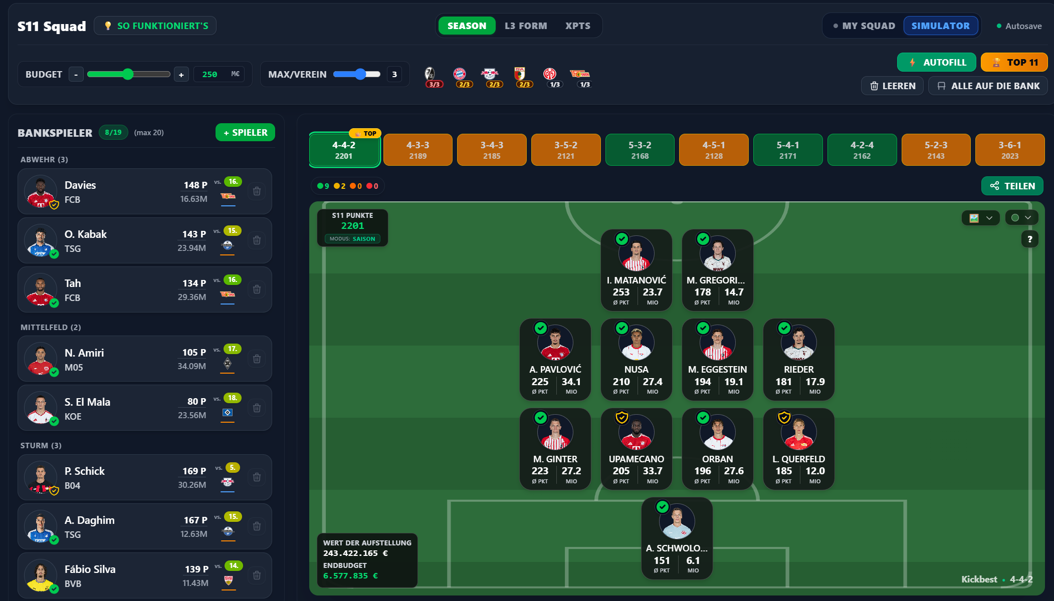 Kickbase Startelf Simulator – Aufstellung optimieren, Punktemodi, Top 11 und Autofill